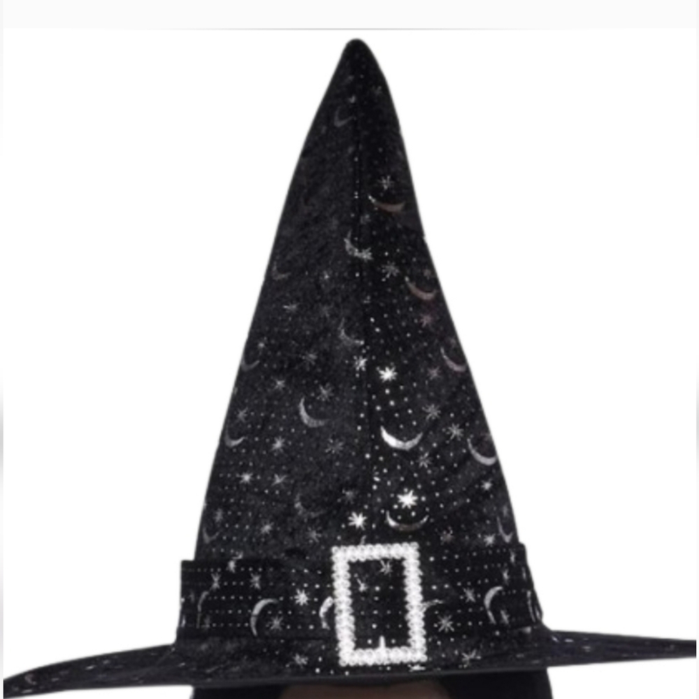 Mystic Silver Moon Witch Hat witch-themed hat has a velvet construction Silver